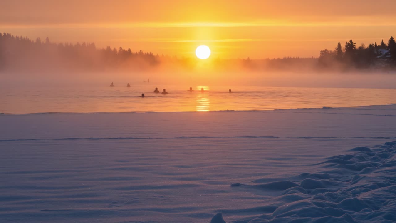 A serene winter sunset casts warm hues over a misty lake, where a group of individuals enjoys a refreshing swim amidst the tranquil beauty of snow-covered surroundings.