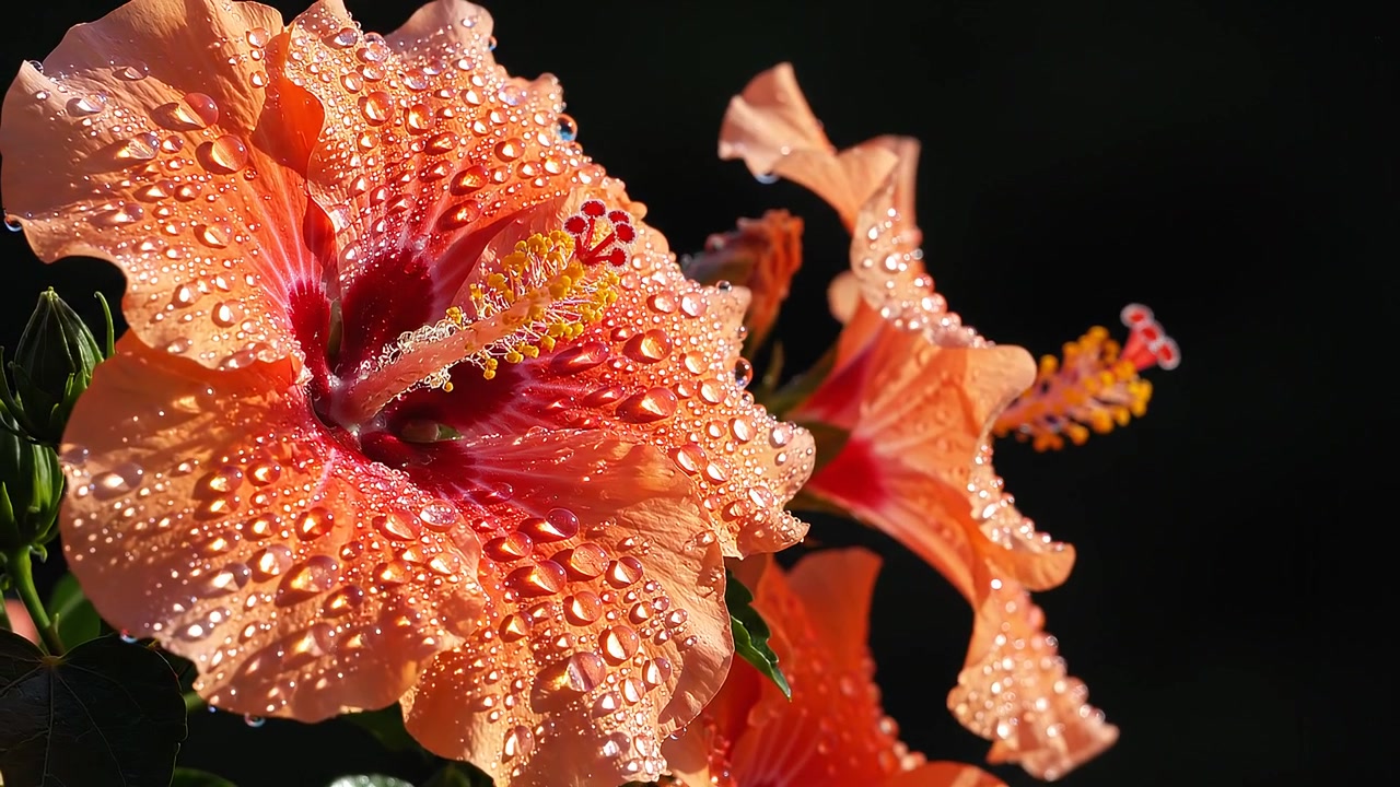 Scatto macro di un fiore di ibisco arancione coperto di goccioline d'acqua