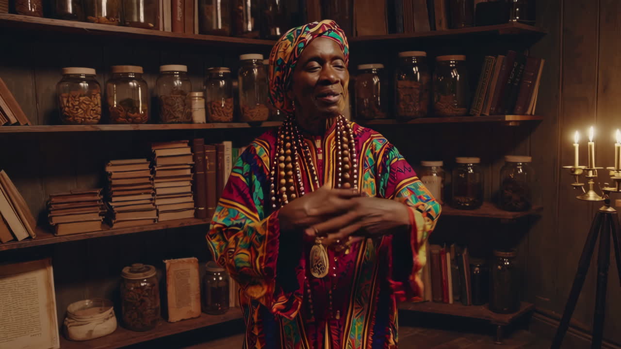 Elderly Woman in Traditional Attire in a Rustic Apothecary