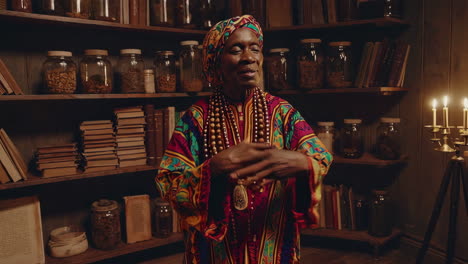 elderly woman in traditional attire in a rustic apothecary