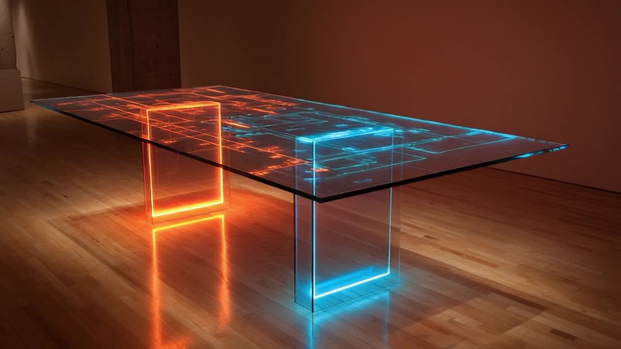 Modern interactive table with illuminated design in an art gallery