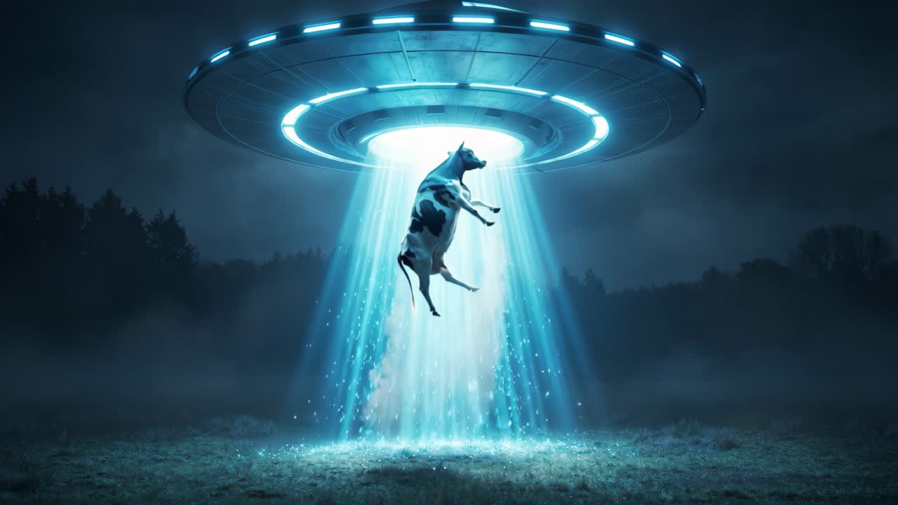 Misterioso scenario notturno che mostra una mucca che ascende sotto un UFO luminoso in campi nebbiosi.