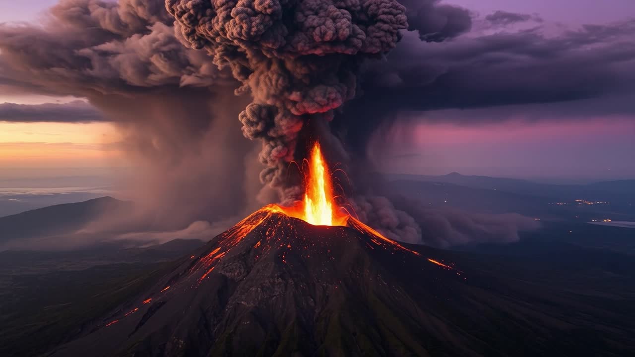 Vista aerea di vulcano in eruzione che mostra il flusso di lava incandescente e la nuvola di cenere, catturando la potenza grezza della natura in un momento di intensa attività geologica