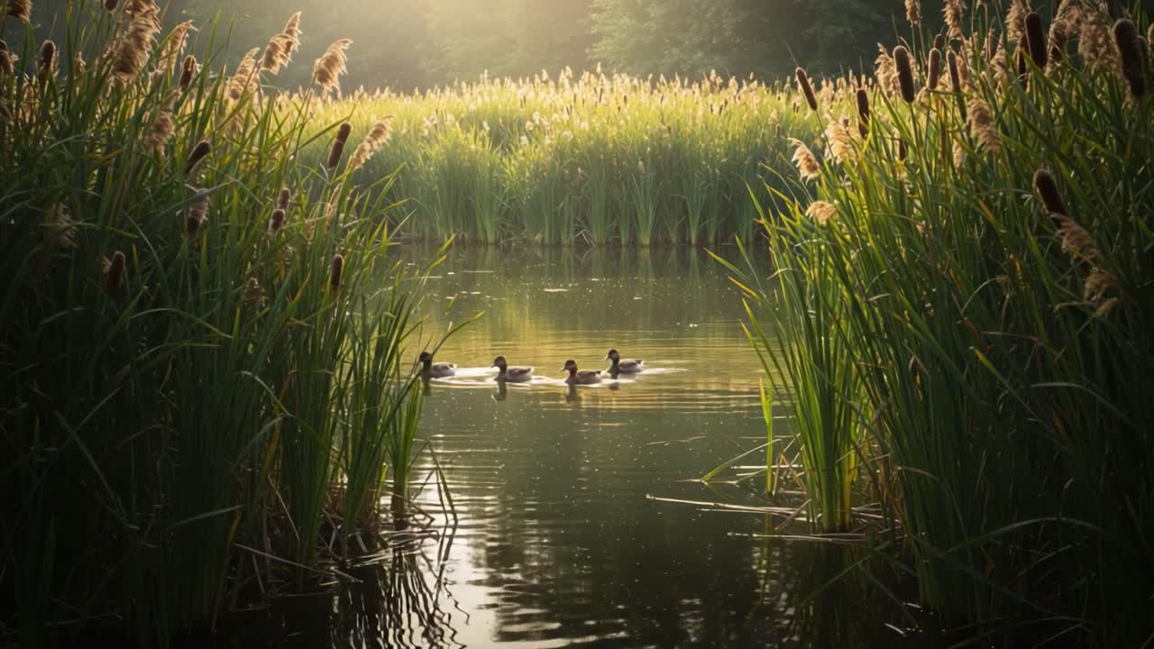 A Serene Sunset Over Calm Waters with Ducks Swimming Amidst Lush Reeds in a Tranquil Natural Landscape