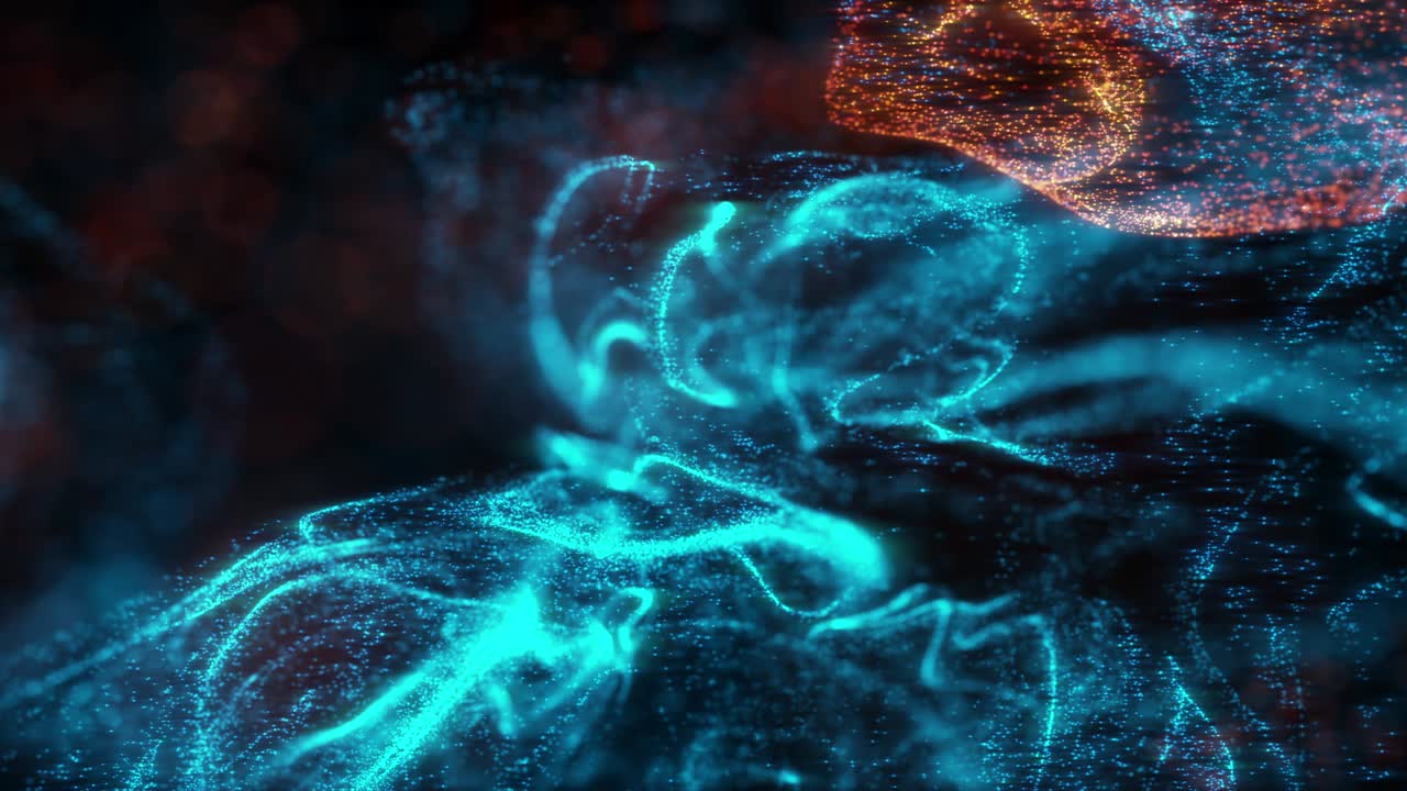 macro abstracto en cámara lenta de fluido de partículas azules y naranjas aisladas en negro.