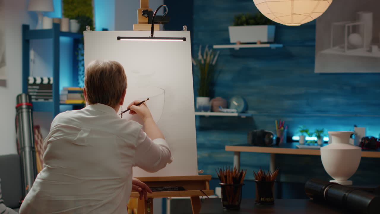 Retired woman drawing outline sketch of vase model