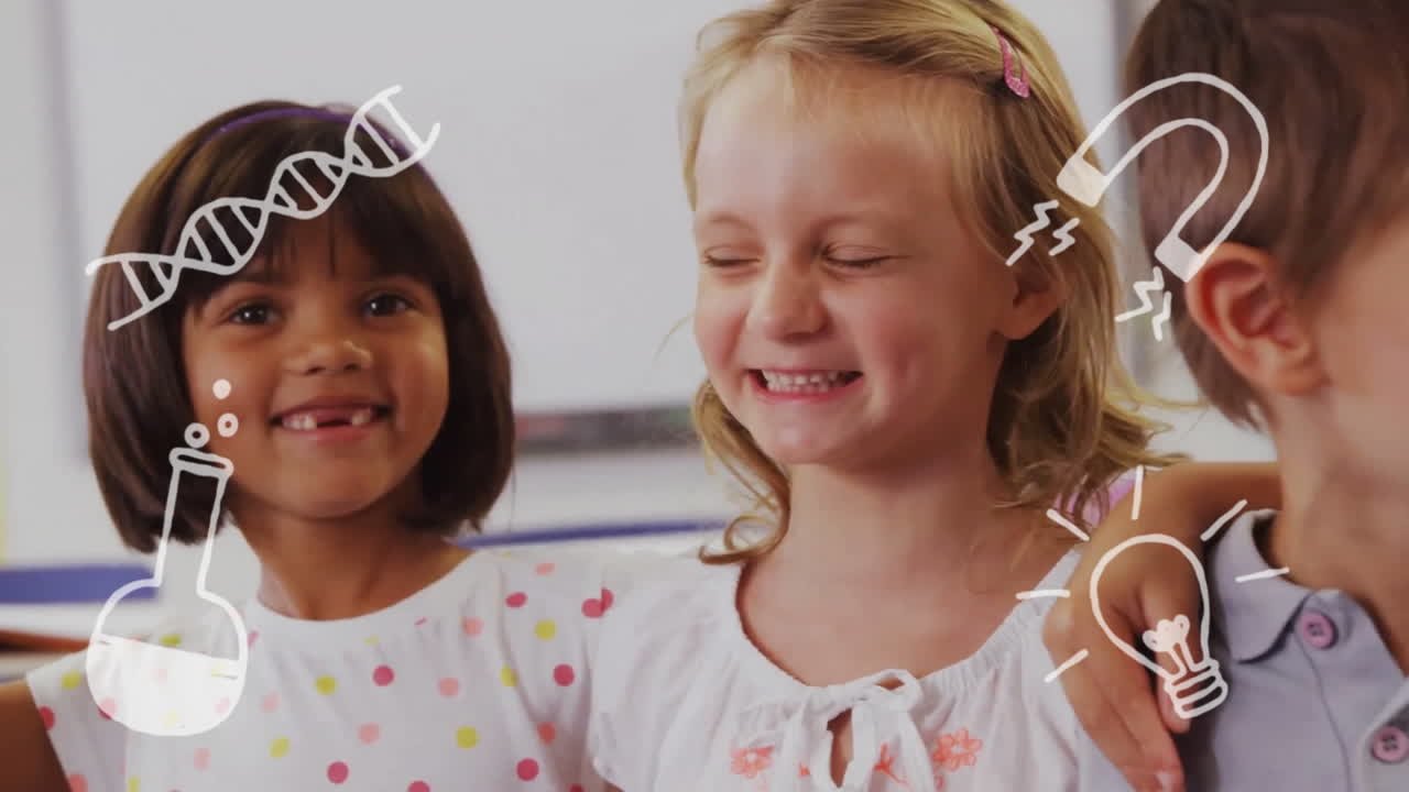 Animation of science icons over diverse schoolchildren in classroom