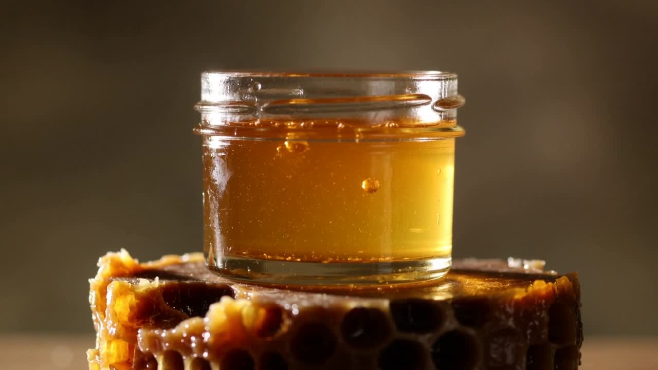 Goccia che si forma sulla parete interna del barattolo, miele in un barattolo di vetro che scivola lungo la parete sopra un tavolo a nido d'ape.