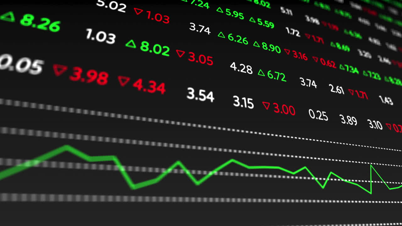 Animazione di display della borsa valori con numeri che cambiano su sfondo nero