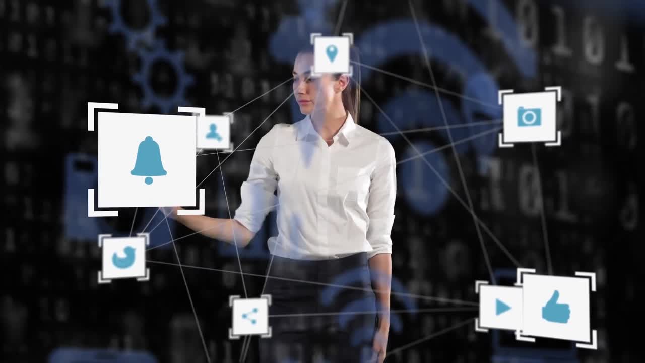 mujer de negocios caucásica usando tecnología táctil con iconos