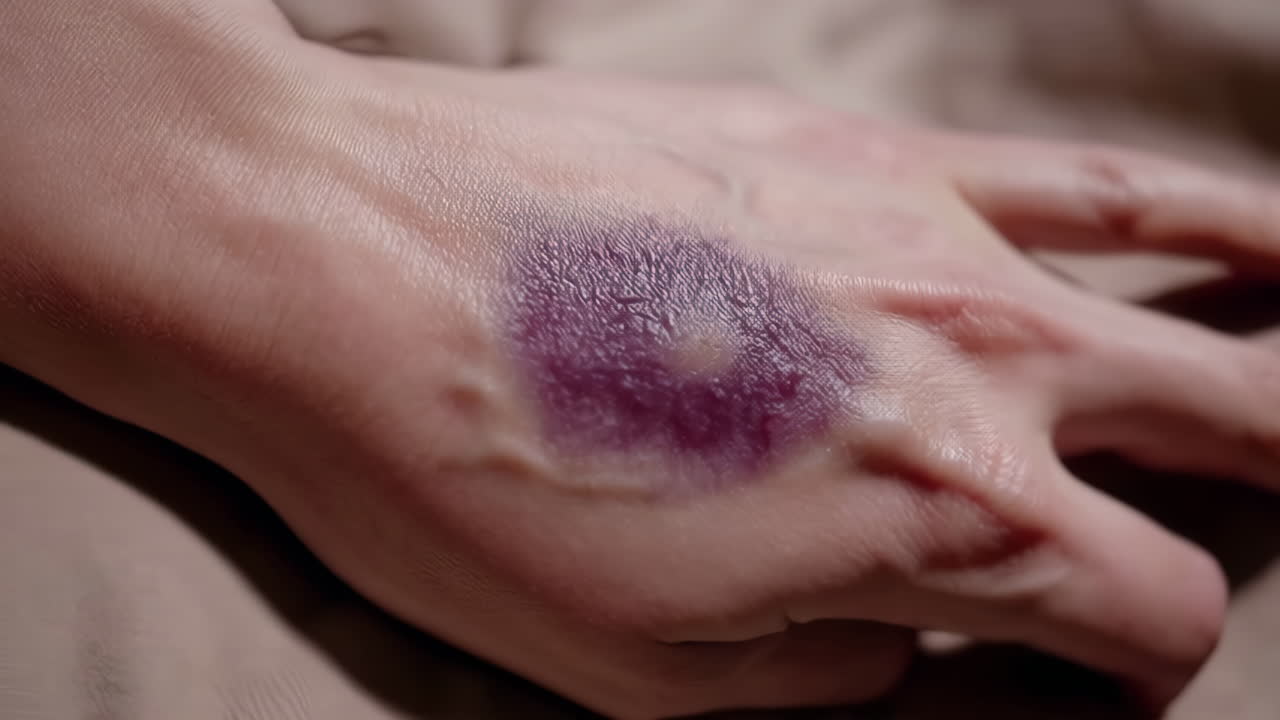 Close-up of a hand with a bruise and a hand on a textured surface.