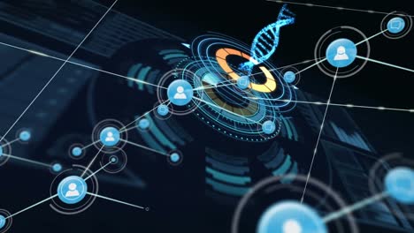 network of profile icons against dna structure spinning over round scanner on black background