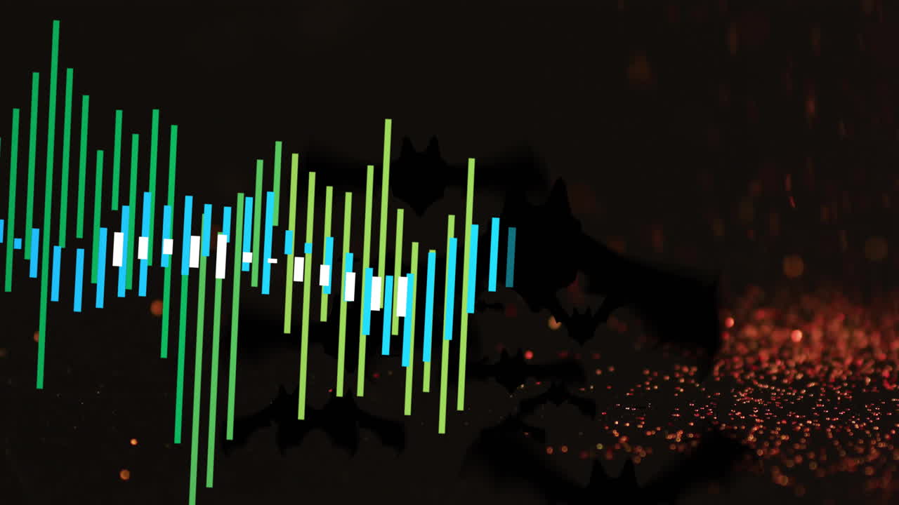 multicolored audio waveform bars pulsing on dark interface, showing bat silhouettes with sparkles