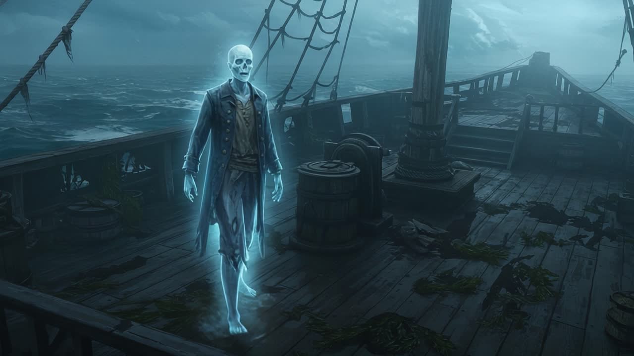 Ghostly Figure of a Skeleton Stands on an Abandoned Pirate Ship, Enhancing the Eerie Atmosphere of the Ocean and the Mysteries of the Deep Blue Sea