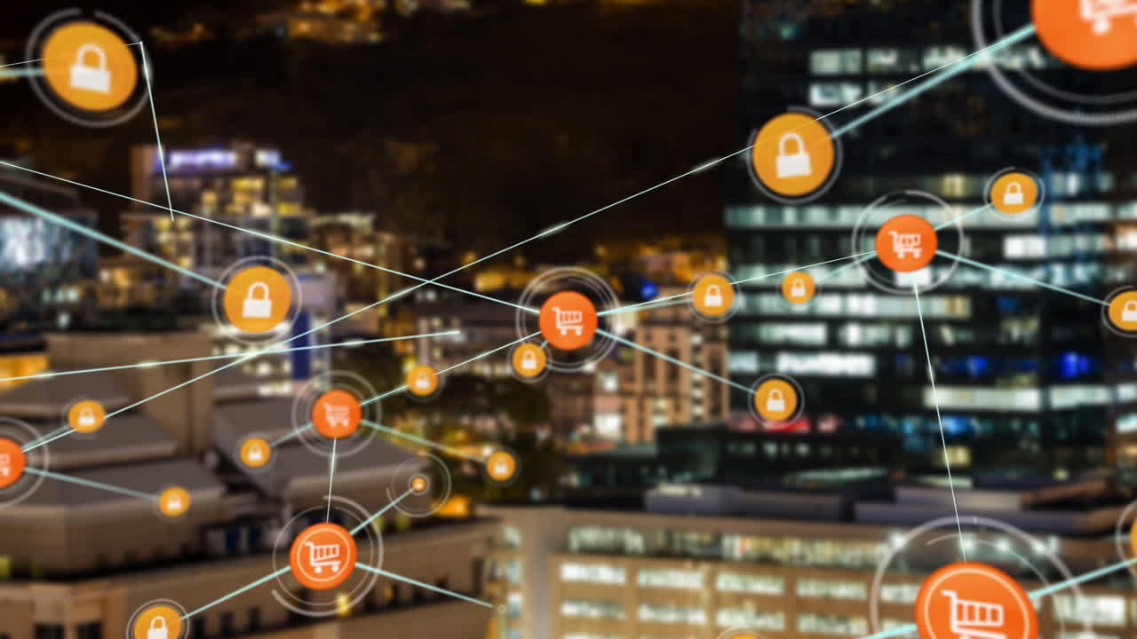 야간 도시 풍경에 대한 연결 네트워크의 애니메이션