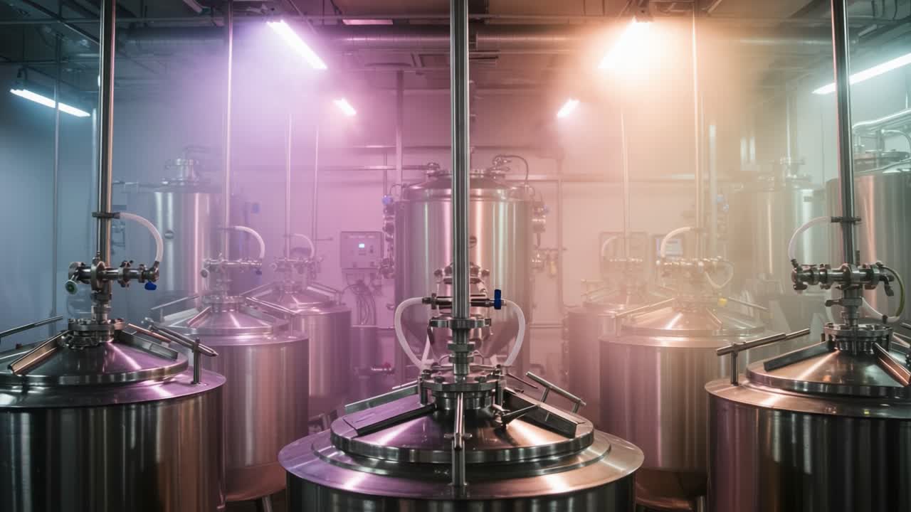 Exploration of Modern Industrial Brewery Equipment Showcasing Steel Fermentation Tanks and Atmospheric Lighting Techniques in a Contemporary Brewing Facility