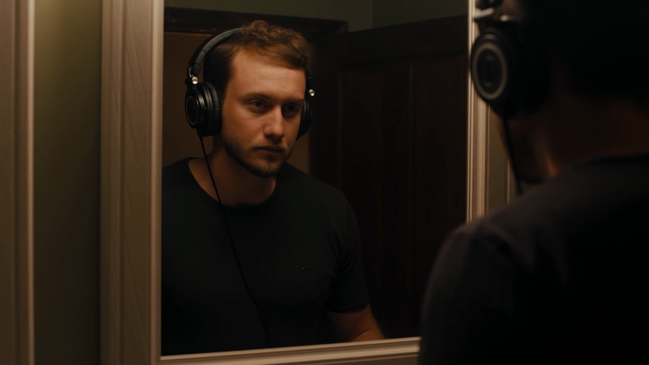 White Man Recording Vocals In Mirror, Dimly Lit Bathroom Reflection With Overear Headphones, Contemplative