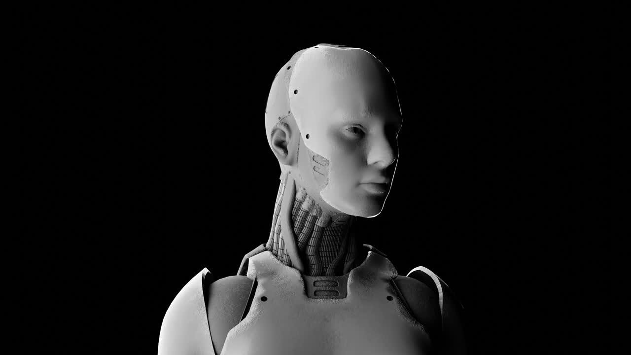 prototipo di robot umanoide cyborg che gira la faccia e la testa di lato su uno sfondo nero