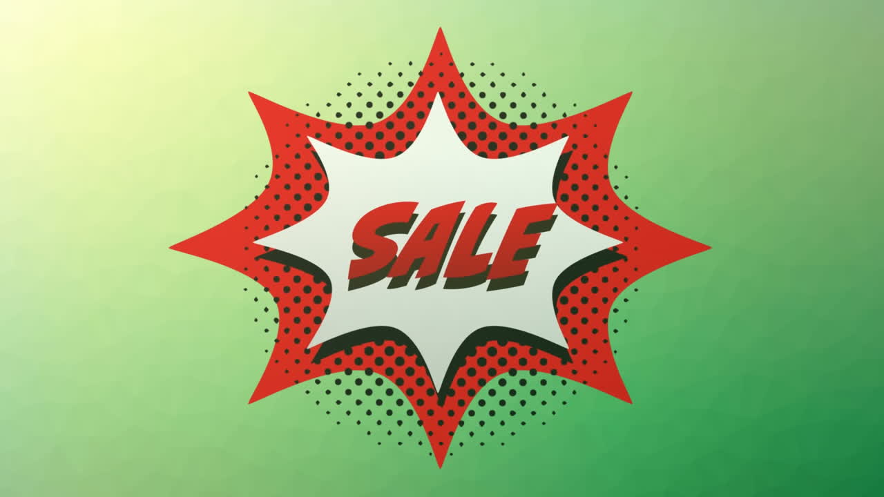 animación de un banner de texto de venta sobre una burbuja de discurso retro contra un fondo de degradado verde
