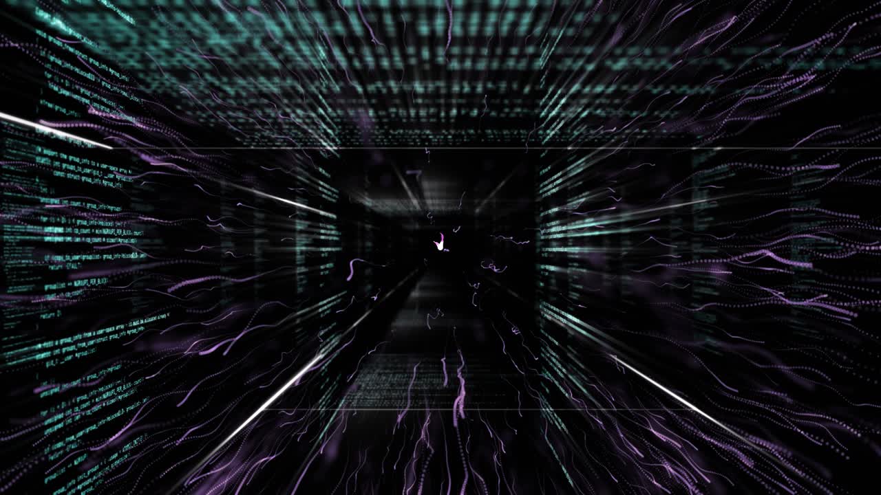 Animation of data processing and light trails over black background