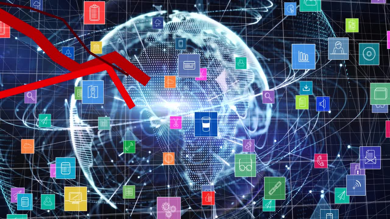 디지털 아이콘의 애니메이션과 데이터 처리 배경에 지구의 빨간 선과 함께