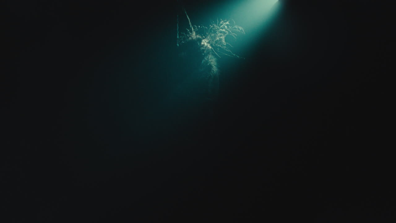 A creepy witch stands in the moody pose during the night storm