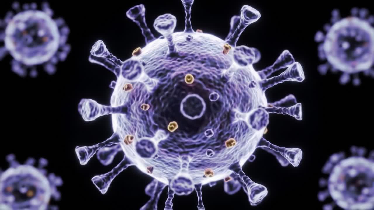 Detailed Visualization of a Virus Structure: This animation showcases the intricate design and features of a virus, highlighting its spiky surface and spherical form in stunning clarity.