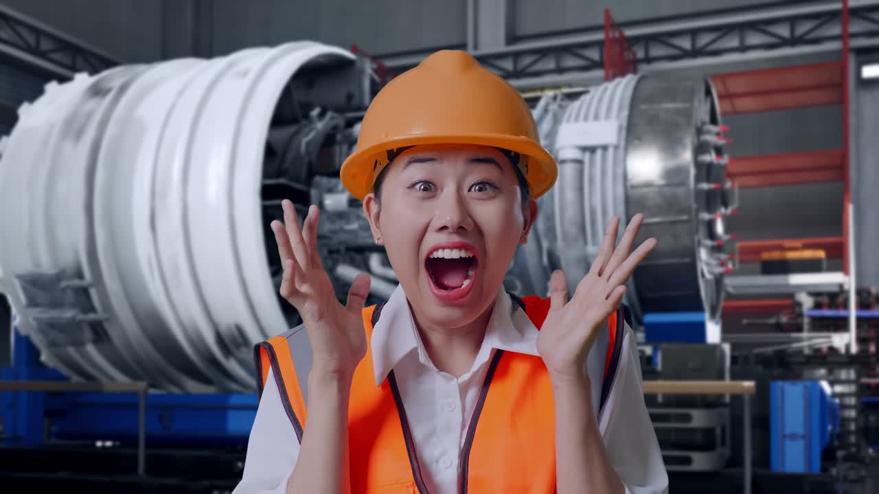 Close Up Of Asian Female Engineer With Safety Helmet Smiling To Camera And Saying Wow While Standing With Airplane Engine Maintenance Conducted