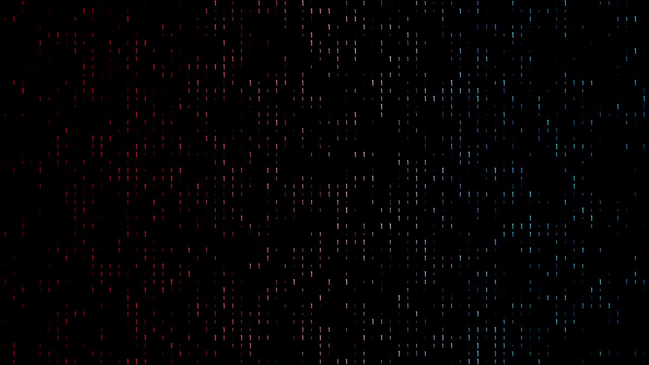 4k Gradient, colorful binary code with lots of the number ones glowing and fading out loopable background video on a black screen  for stock market and exchange, data, big data, business finance, communication, internet, virtual reality concepts