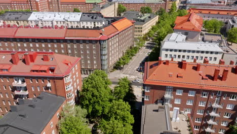 aerial view of traffic in middle of unique architecture of helsinki, summer day