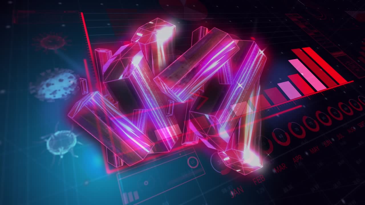 Animation of pink metallic blocks, covid 19 cells and statistics processing