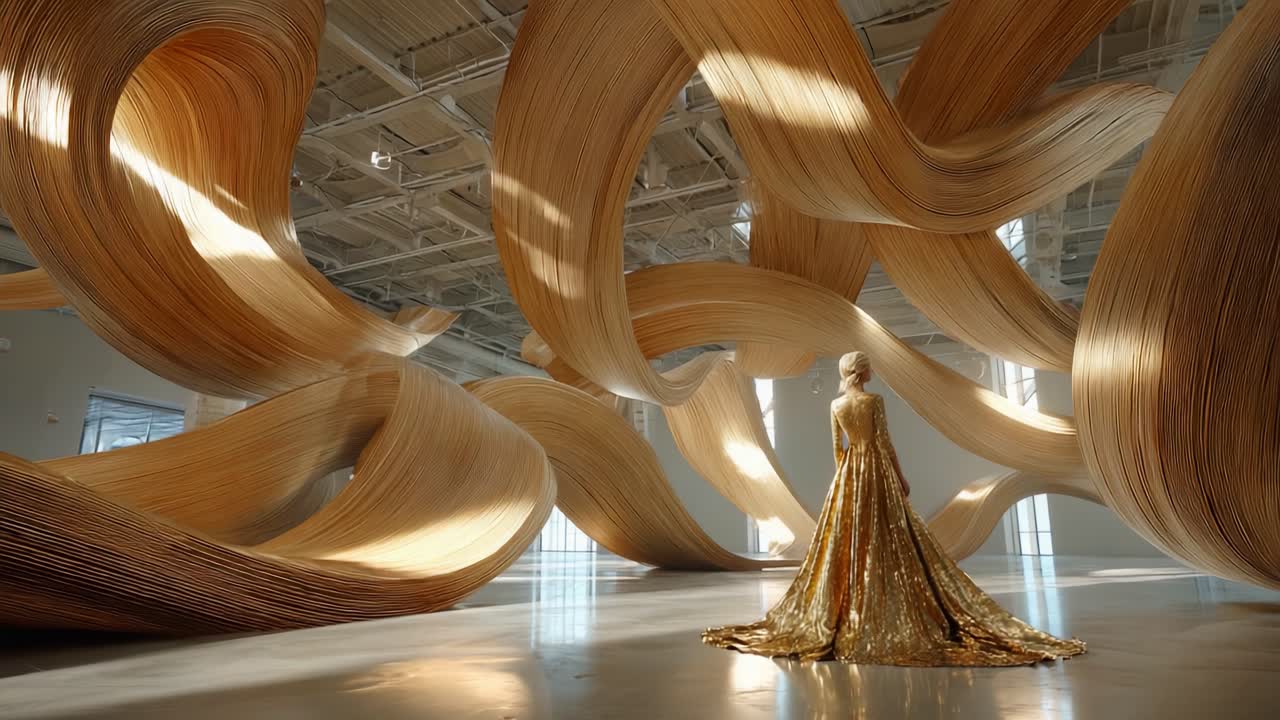 A captivating figure in a golden gown stands amidst stunning flowing wooden sculptures, creating an enchanting blend of fashion and art within a modern exhibition space