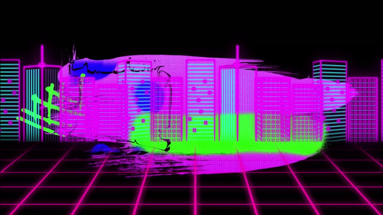 도시 풍경 검은 배경 위에 다채로운 기하학적 모양의 애니메이션