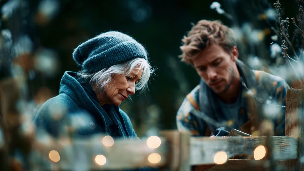 A Reflective Moment: An Intimate Scene of Two Individuals Engaged in Crafting Together, Surrounded by Nature's Beauty and Soft Lit Decor Enhancing the Heartfelt Atmosphere