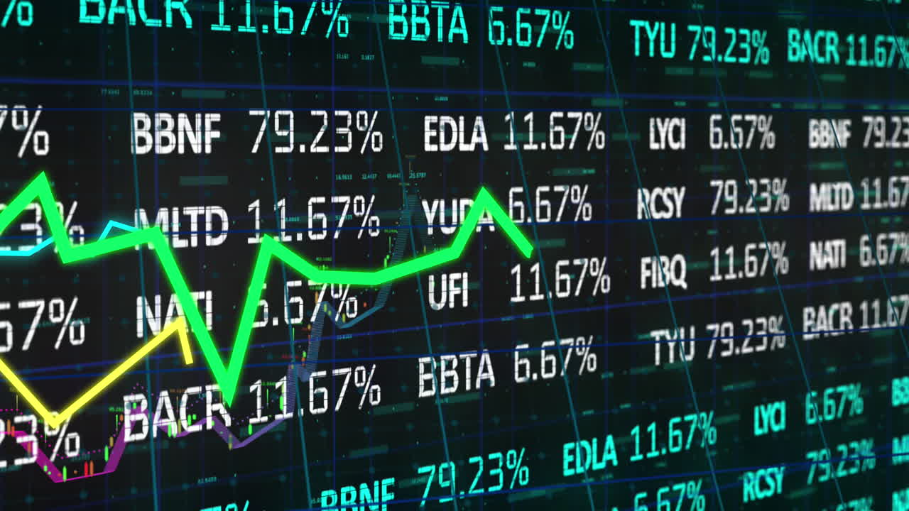 Animazione di grafici multicolori su un tabellone di trading e numeri su sfondo nero.