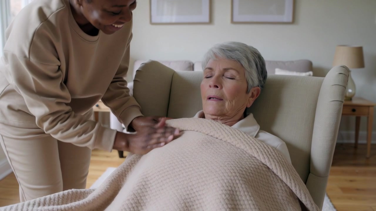 Notando un anziano che sonnecchia, un assistente in abbigliamento da casa beige drappeggia una coperta e la rimbocca per il comfort a casa.
