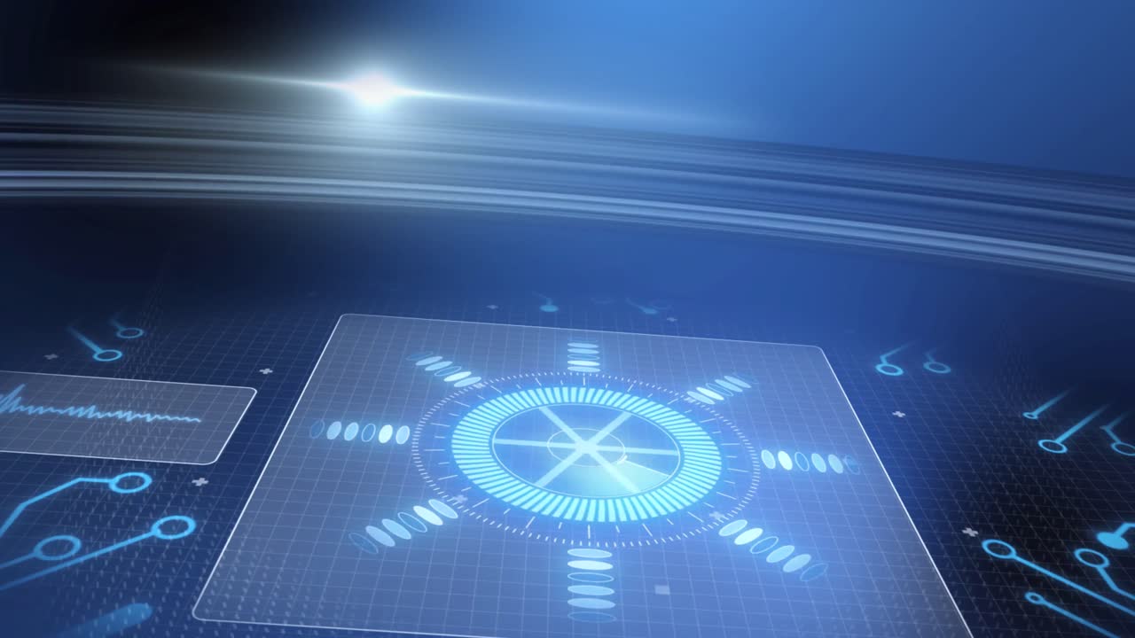 Animation of statistics recording and scopes scanning on screens over glowing blue background
