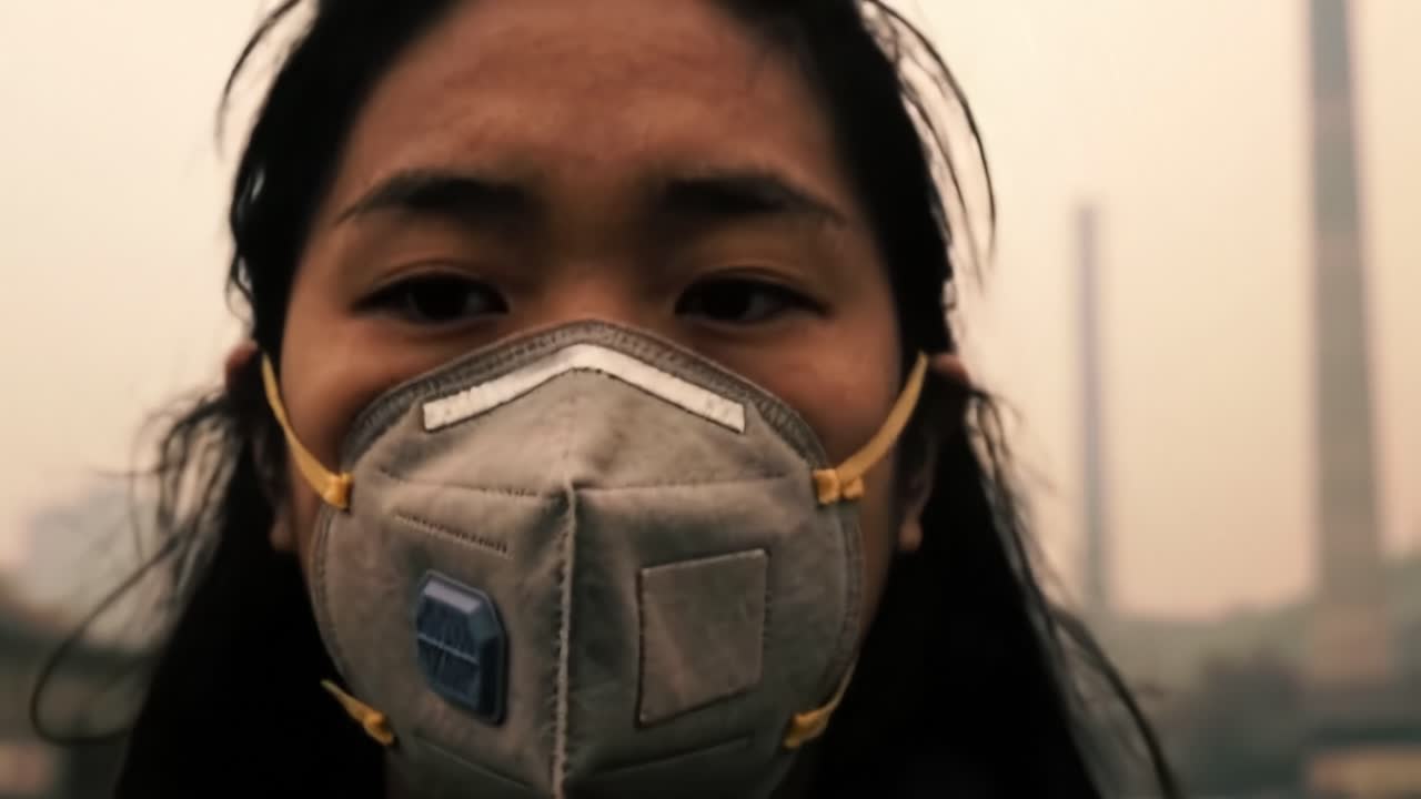 Um close-up de um indivíduo jovem usando uma máscara de proteção, enfrentando os desafios da poluição e da qualidade do ar em um ambiente industrial, simbolizando resiliência e conscientização