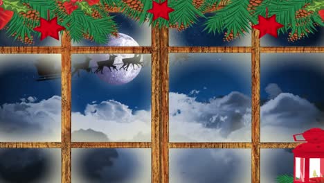 Animation-Der-Winterlandschaft-Und-Des-Weihnachtsmannschlittens-Durch-Das-Fenster-Gesehen