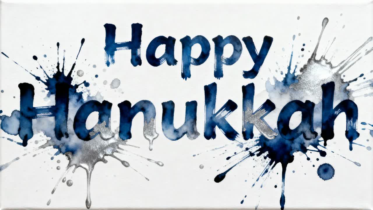 Animating centered Happy Hanukkah watercolor as frames advance, forming long drips on card splashes