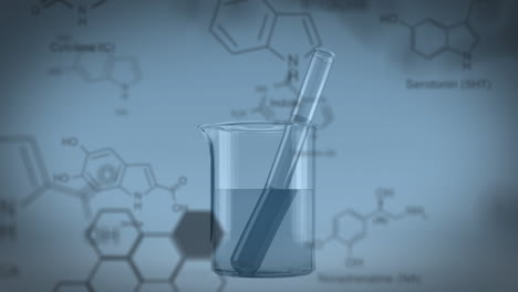 animación de estructuras de compuestos químicos contra un tubo de ensayo de laboratorio en un vaso