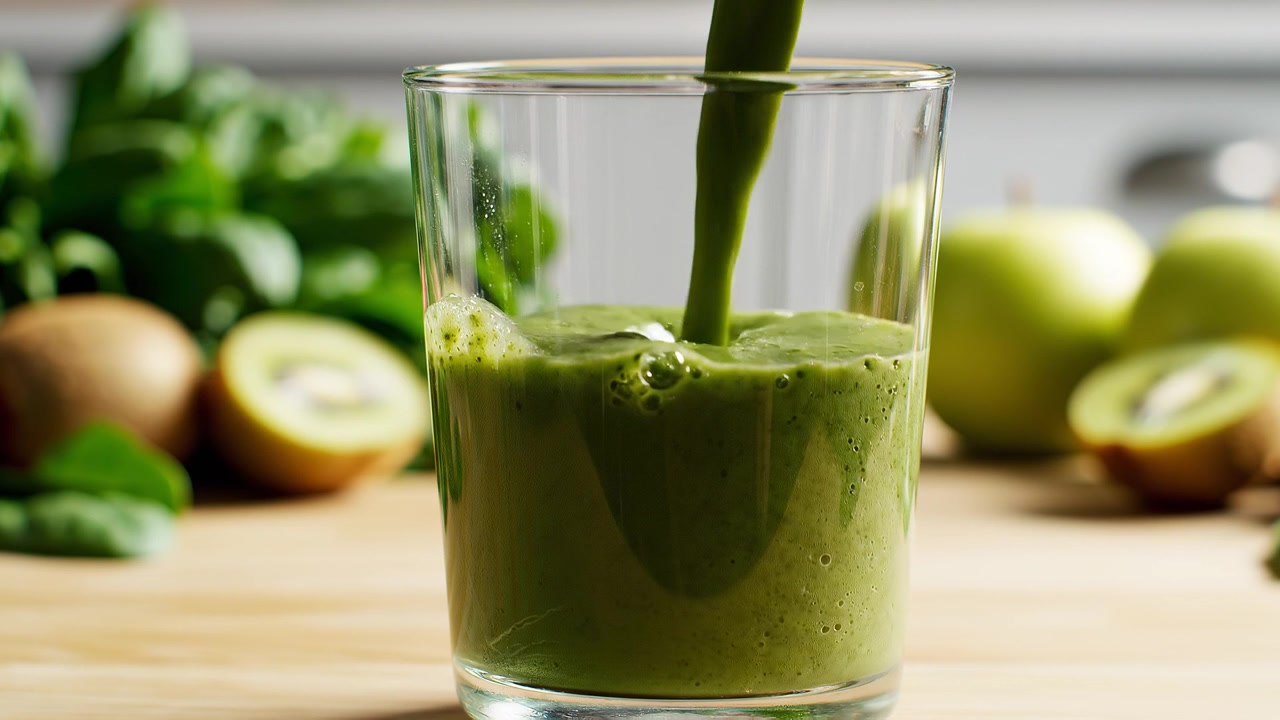 Frullato fresco verde al kiwi che si versa in un bicchiere con ingredienti