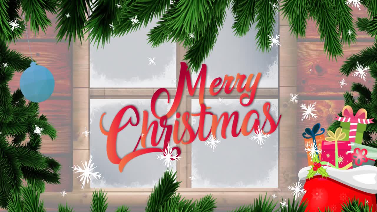Animation of merry christmas text over fir tree and window