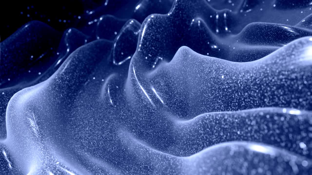 Stylish festive black bg. Fantastical abstract looped background, waves move on glossy surface like landscape made of liquid blue wax with sparkles. Beautiful soft background with smooth animation 4k