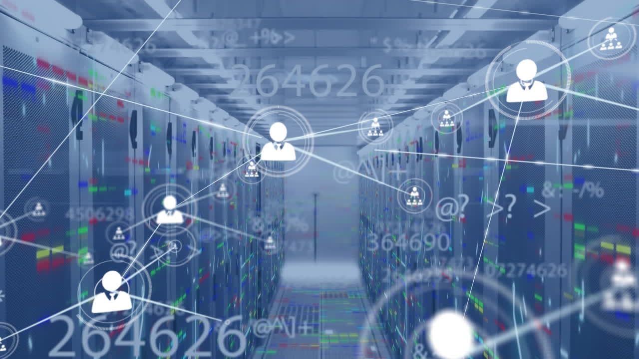 Animation of networks of connections and data processing over server room
