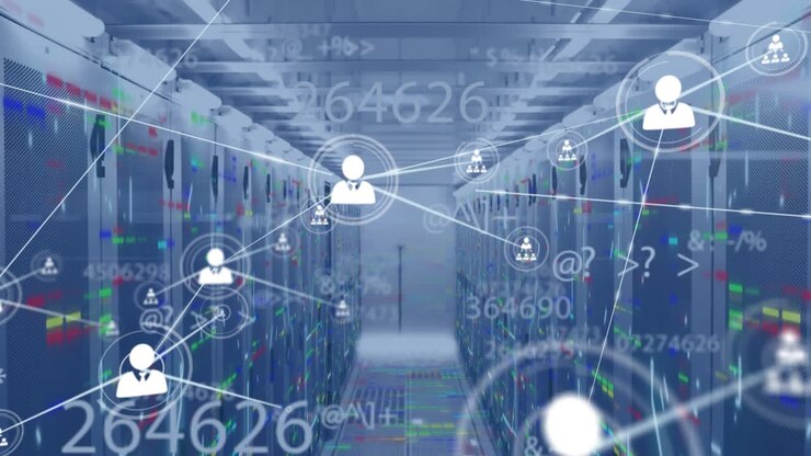 Animation of networks of connections and data processing over server room