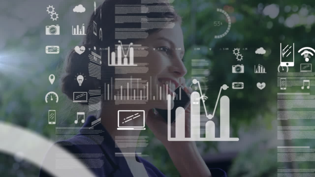 Business woman speaking on smartphone in park, showing animated finance charts and heart icons