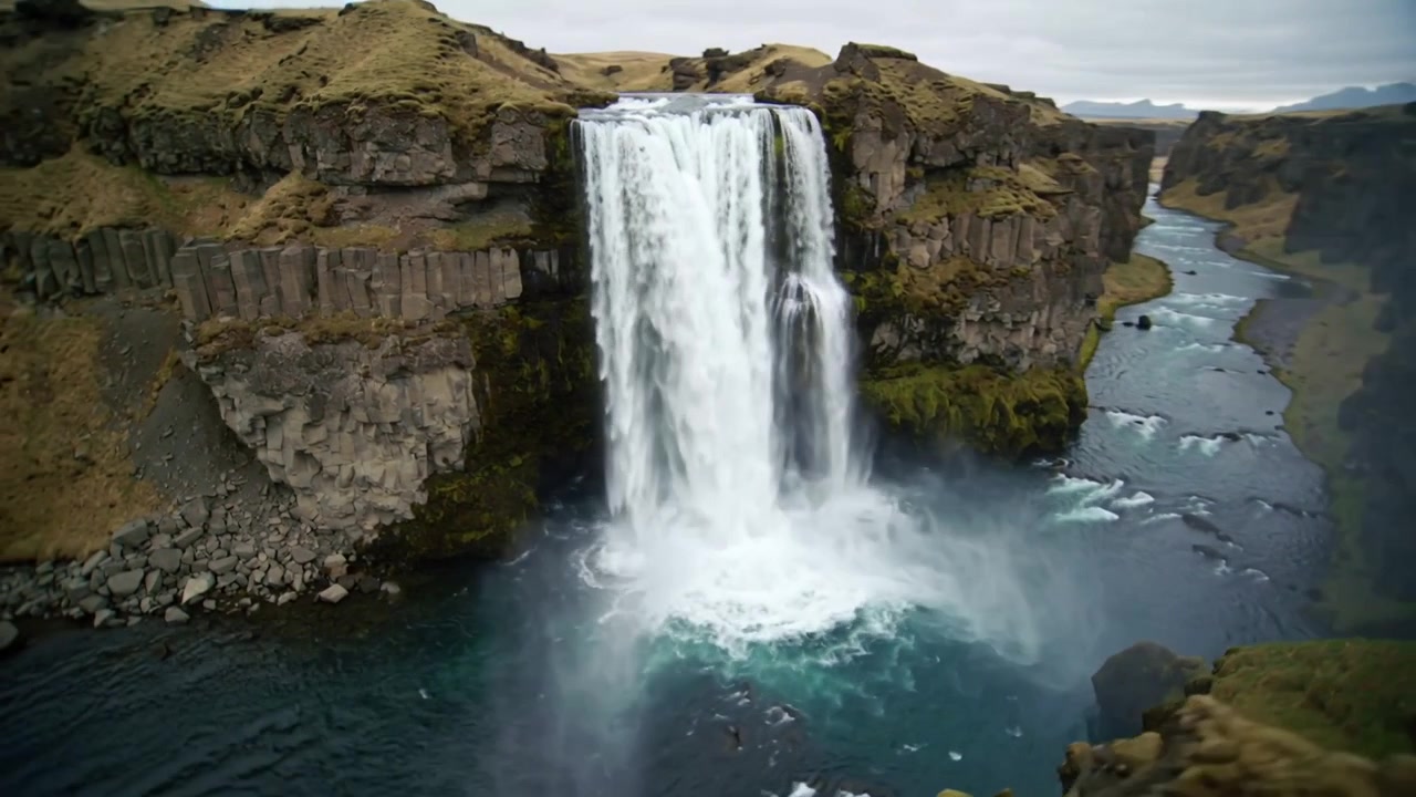 Cámara en movimiento acercando una alta cascada en un cañón estrecho, revelando una poza y rocío.