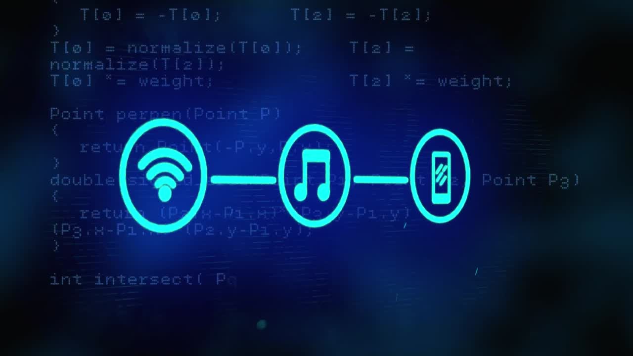 animação de uma rede de ícones digitais e um ponto de luz movendo-se sobre o processamento de dados em fundo azul