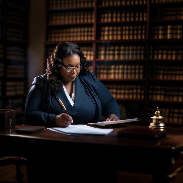 Advogada Escrevendo e Revisando Documentos em uma Biblioteca de Direito